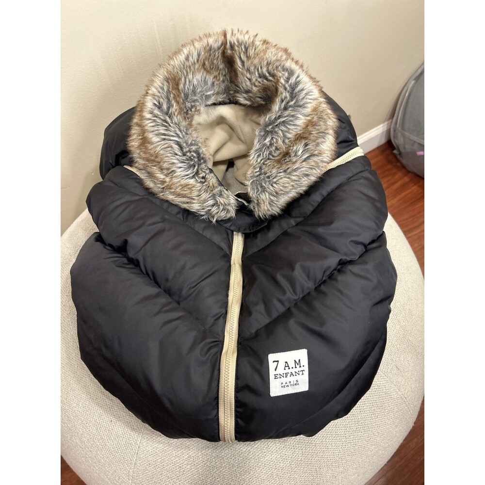 7 AM Enfant Car Seat Cover Cocoon Tundra Collection Black Faux Fur Trim Winter